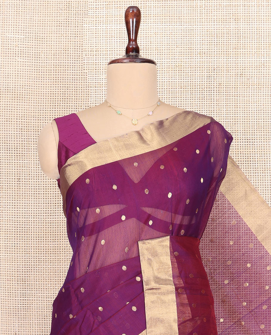 Purple Chanderi Cotton Saree, Decked Up with Buttas All Over Its Body, Highlighted by Zari Border, Pallu of Floral Creeper Designs, and Paired with a Contrast Blouse