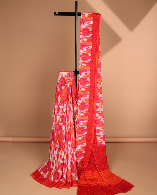 Red uniquely printed semi banaras crepe saree, self-border & striped pallu