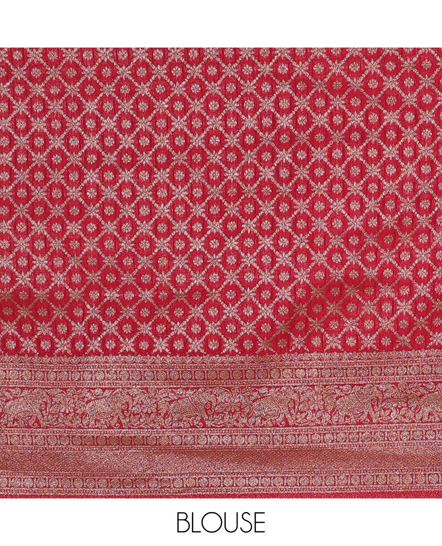 Orange zari buttas fancy crepe saree, contrast traditional zari border & animal motifs woven pallu