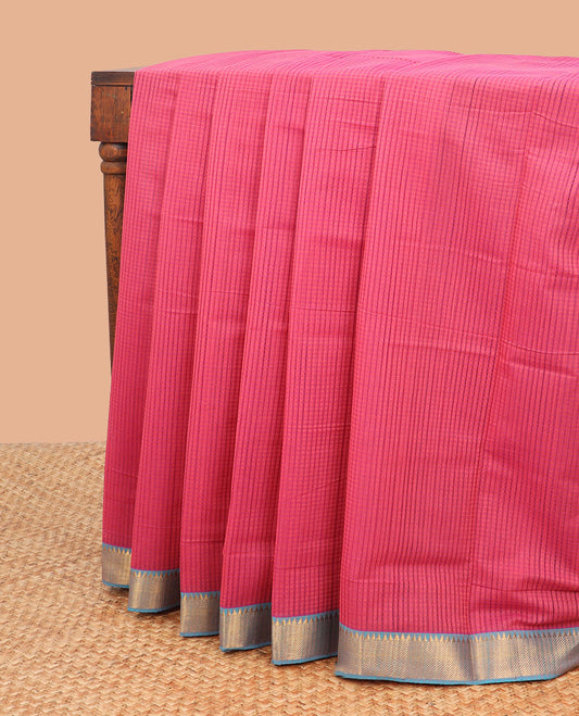 Red checked mangalagiri cotton saree with contrast striped, temple border & striped pallu