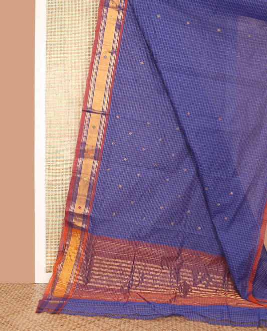 Blue Venkatagiri Cotton Saree, Crafted with Buttas and Checks on Its Body, Complemented by a Contrast Thread and Zari Border, Zari Striped Pallu, and Comes Without a Blouse