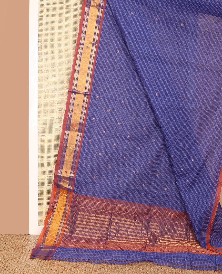 Blue Venkatagiri Cotton Saree, Crafted with Buttas and Checks on Its Body, Complemented by a Contrast Thread and Zari Border, Zari Striped Pallu, and Comes Without a Blouse