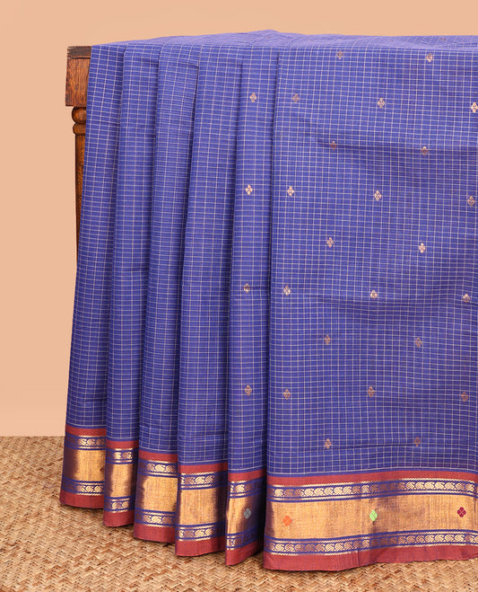 Blue Venkatagiri Cotton Saree, Crafted with Buttas and Checks on Its Body, Complemented by a Contrast Thread and Zari Border, Zari Striped Pallu, and Comes Without a Blouse