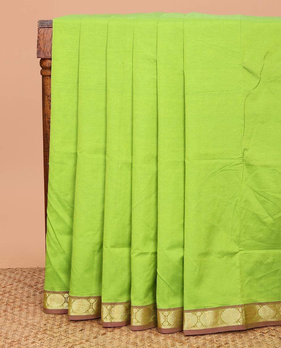 Green Plain Poly Cotton Saree, Complemented by a Contrast Rudraksham Zari Border, Pallu of Stripes, and Paired with a Contrast Blouse