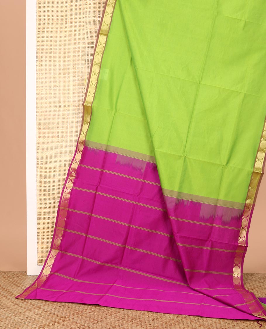 Green Plain Poly Cotton Saree, Complemented by a Contrast Rudraksham Zari Border, Pallu of Stripes, and Paired with a Contrast Blouse