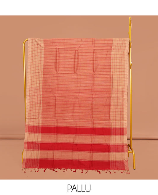 Light Orange Striped Mangalgiri Cotton Saree, Complemented by Contrast Checked Border, Contrast Pallu and Paired with a Contrast Blouse