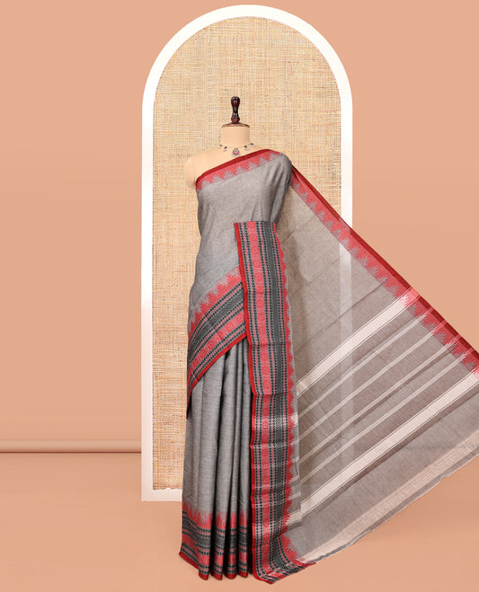 Grey Plain Chettinad Cotton Saree, Complemented by Contrast Temple Traditional Motifs Thread-Woven Border, Striped Pallu, and a Matching Blouse