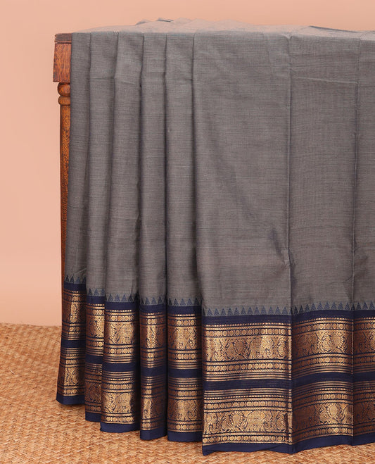 Elephant grey plain Chettinad cotton saree, contrast traditional zari design temple border, and striped pallu