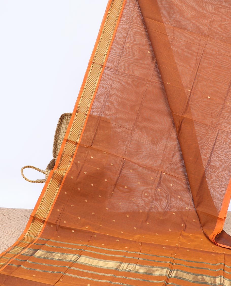 Orange buttas Vengatagiri cotton saree, contrast zari border & pallu of stripes