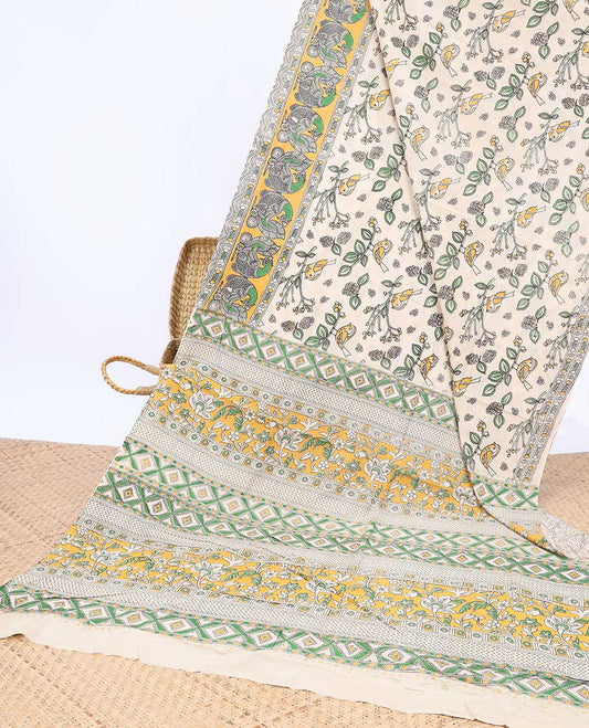 Cream bird motifs machine-printed kalamkari cotton saree, contrast peacock border & pallu of intricate print