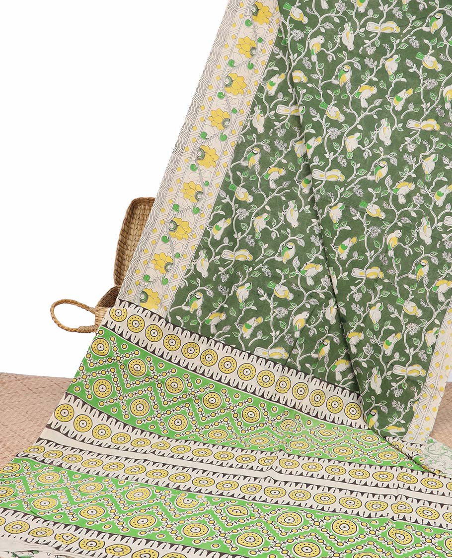 Green floral vine machine-printed kalamkari cotton saree, contrast floral creeper border & intricate pallu