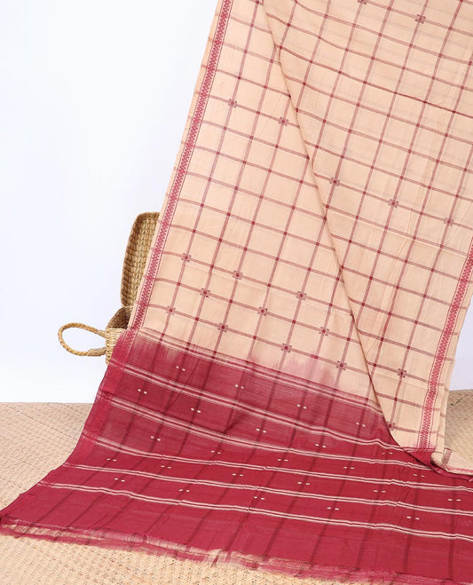 Sandal checked Andhra cotton saree, unique design border & contrast striped pallu 