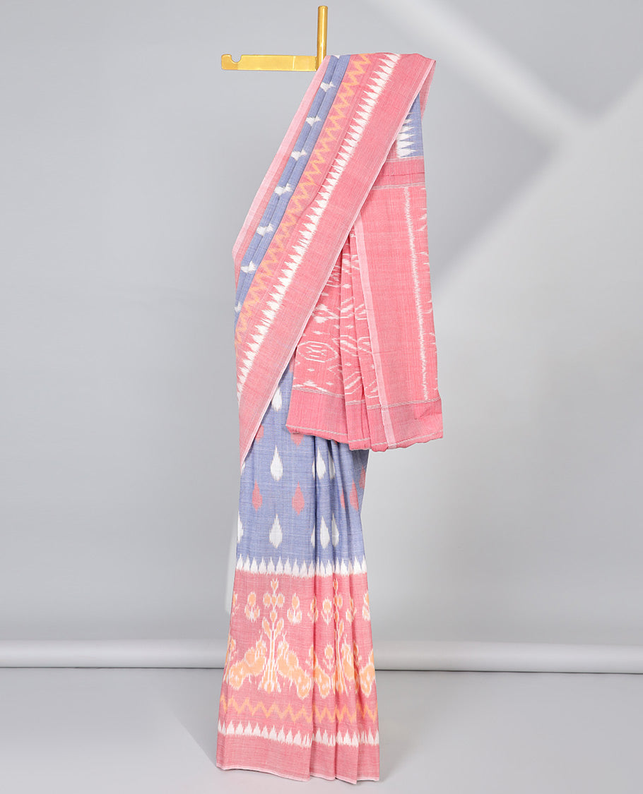 Blue intricate design , motifs ikkat cotton saree with contrast plain border & geometric design pallu