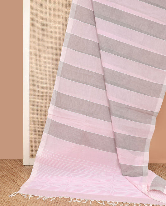 Borderless grey and baby pink striped jute cotton saree, striped pallu