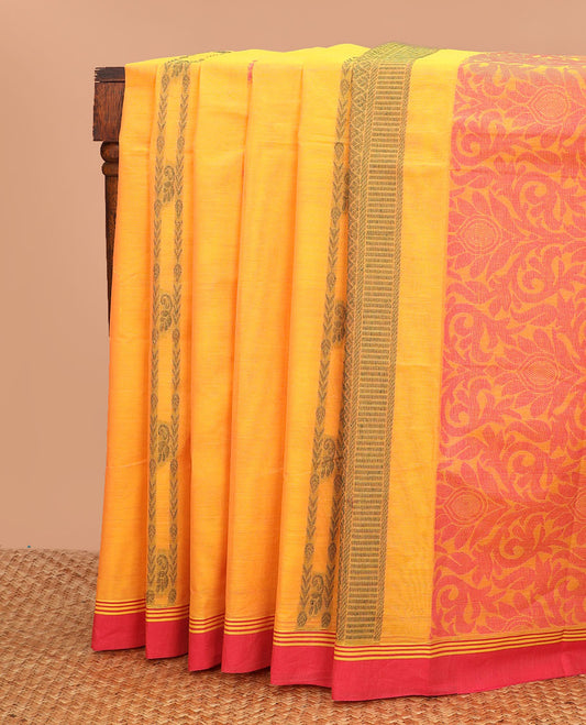 Mango yellow thread buttas Kanchi cotton saree, contrast border and pallu of floral designs