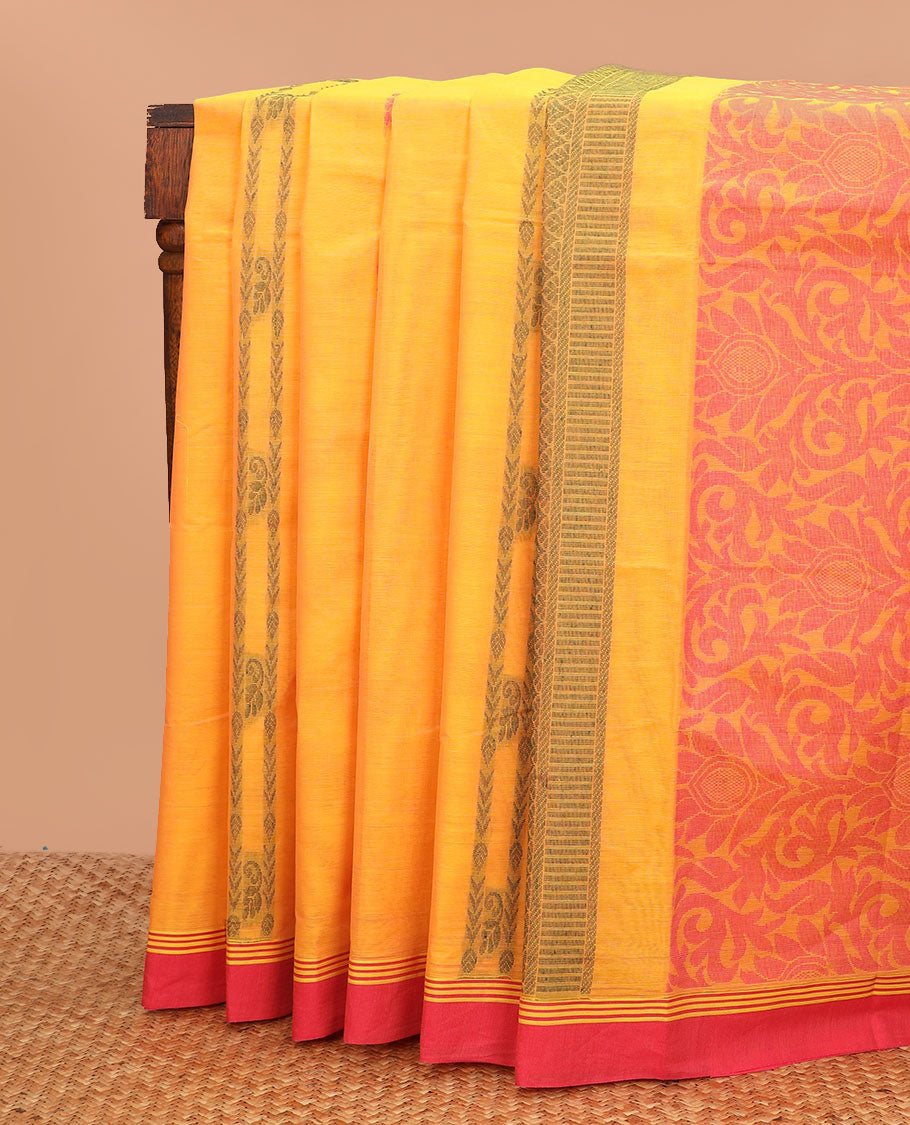 Mango yellow thread buttas Kanchi cotton saree, contrast border and pallu of floral designs