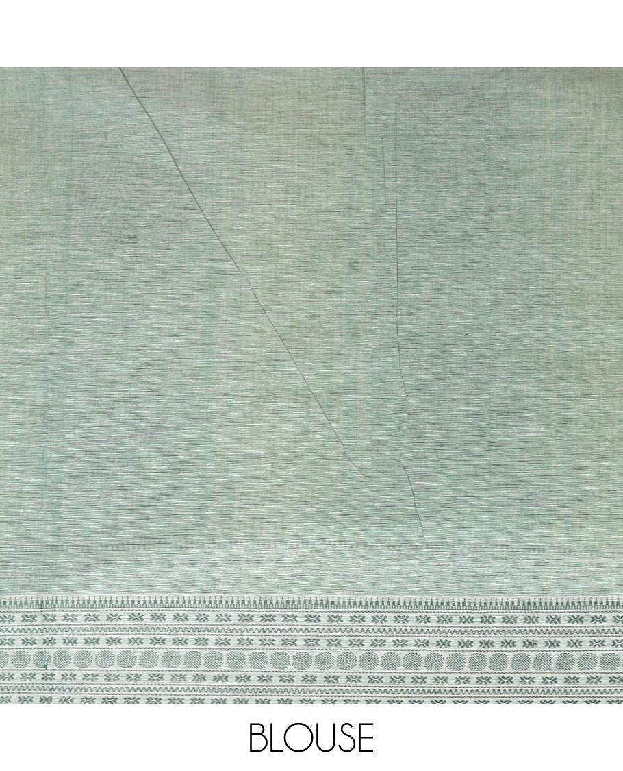 Green human figurines printed Chirala cotton saree, thread border, and pallu of warli circle print