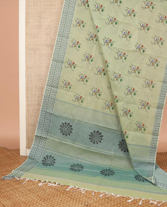 Green human figurines printed Chirala cotton saree, thread border, and pallu of warli circle print