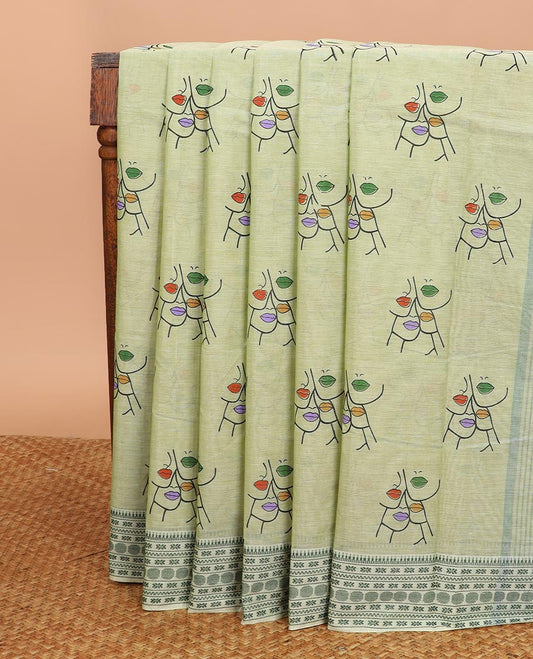 Green human figurines printed Chirala cotton saree, thread border, and pallu of warli circle print