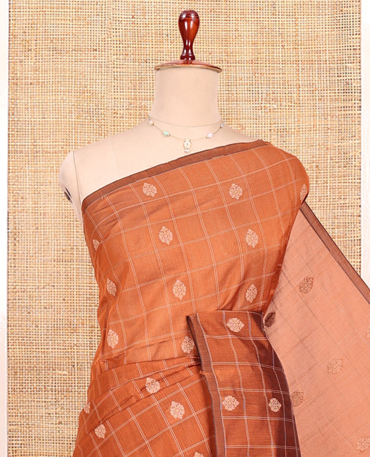Borderless Rust Semi-Silk Cotton Saree, Elegantly Detailed with Zari Butta Enclosed Checked All Over Its Body, Complemented by Contrast Jaal-Patterned Pallu, and Paired with a Contrast Blouse