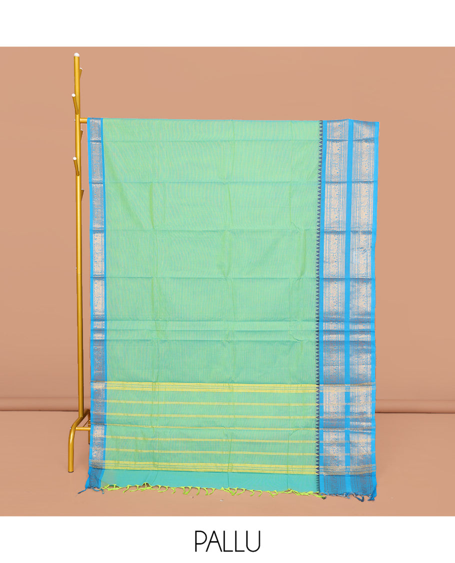 Bright Sea Green Plain Chettinad Cotton Saree, Complemented by a Contrast Traditional Zari Design Border, Pallu of Stripes, and Paired with a Matching Blouse