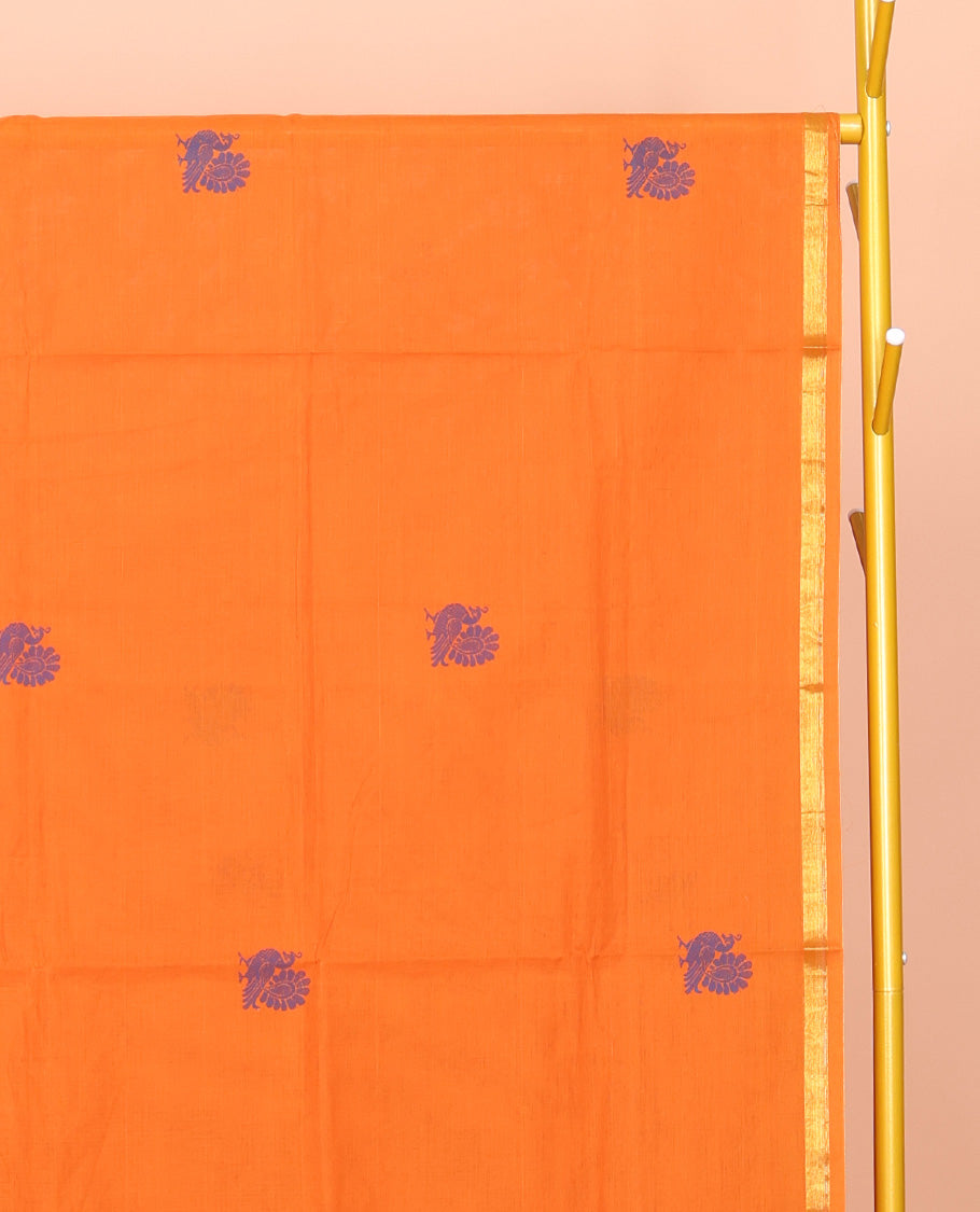 Orange Venkatagiri Cotton Saree Features Peacock Buttas, a Contrast Zari Border, Pallu of Peacock Buttas and Stripes, and No Blouse