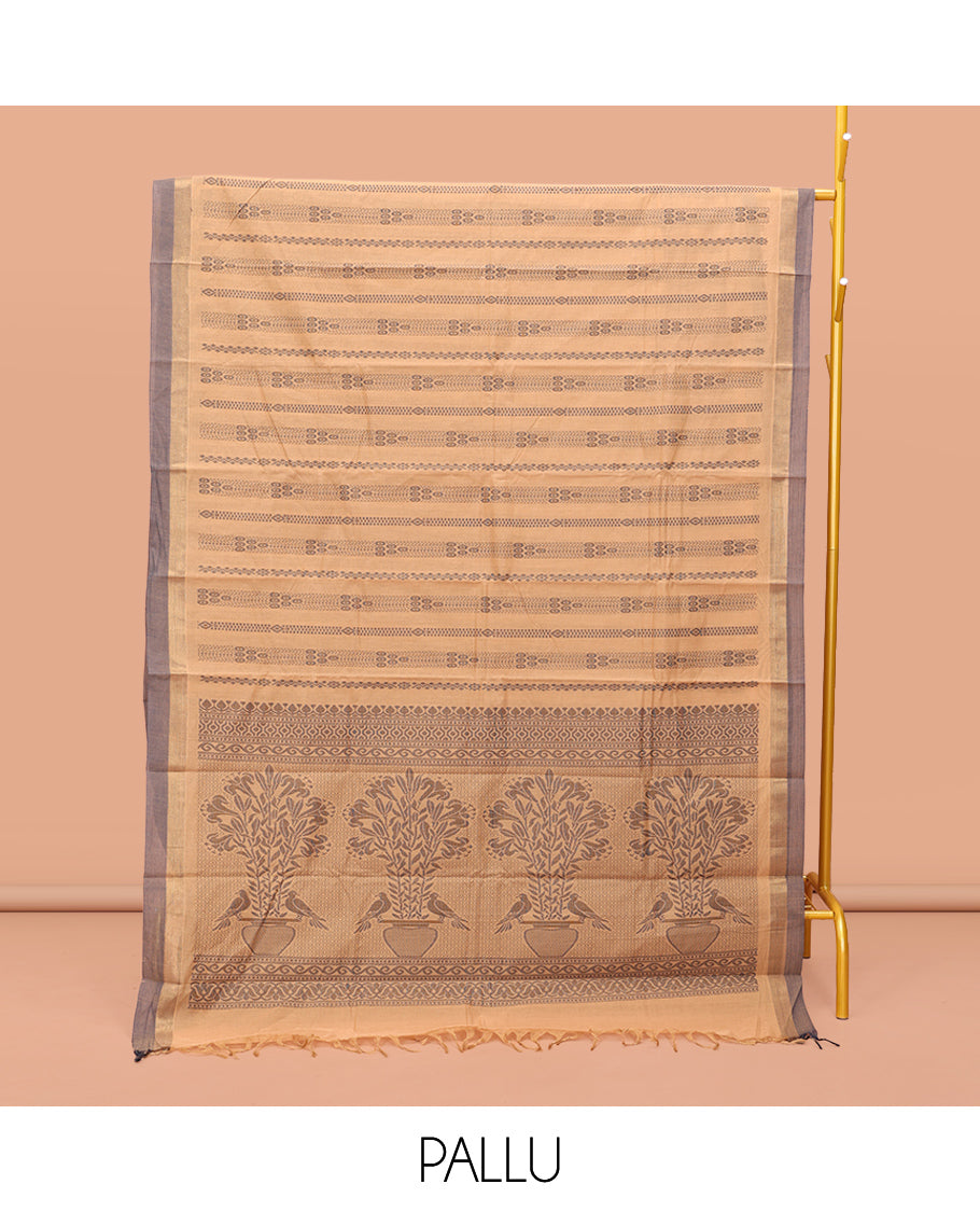 Sandal Kanchi Cotton Saree, Elevated with Geometric Design on Its Body, Complemented by a Contrast Border, Pallu of Flower Designs, and a Matching Blouse