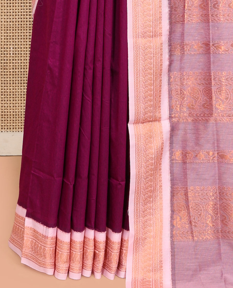 Purple Kalyani Cotton Saree, Woven with Buttas, Complemented by a Contrast Traditional Border, Traditional Pallu, and a Contrast Blouse