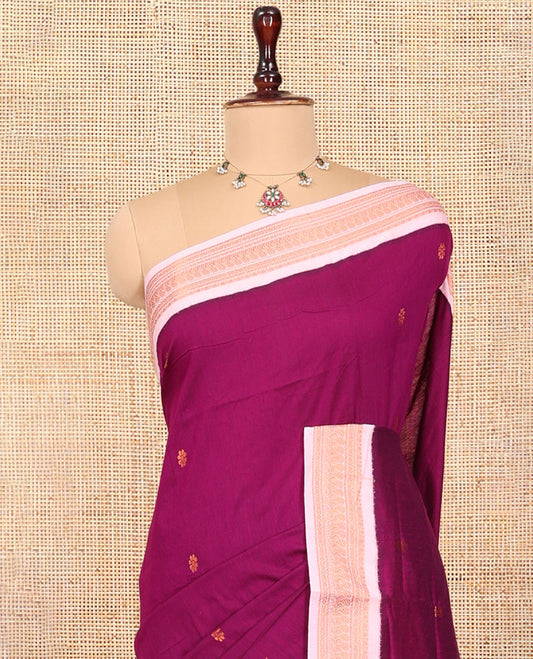 Purple Kalyani Cotton Saree, Woven with Buttas, Complemented by a Contrast Traditional Border, Traditional Pallu, and a Contrast Blouse