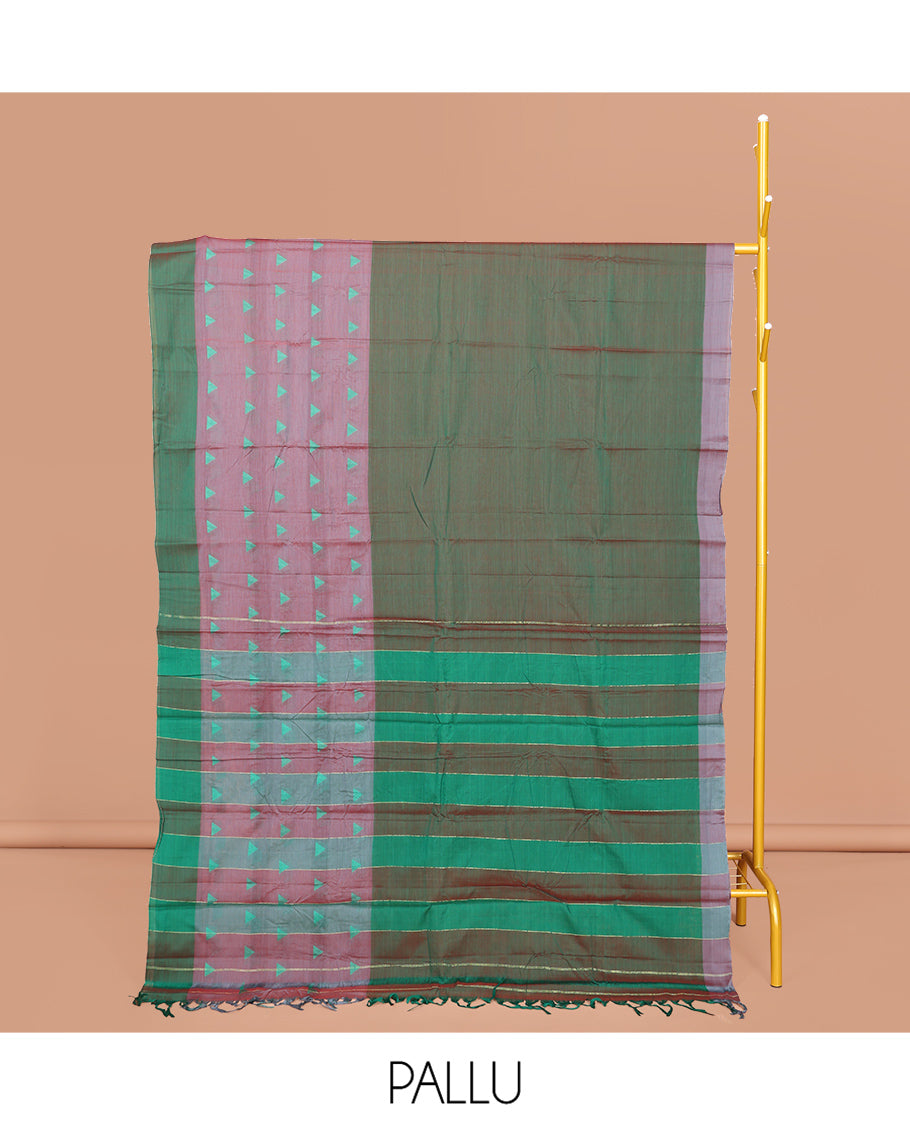Green Dual-toned Plain Narayanpet Cotton Saree, Complemented by a Contrast Temple Border, Striped Pallu, and Comes Without a Blouse