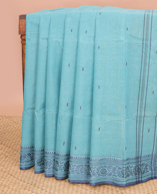 Blue floral motifs bengal cotton saree with self floral design border & striped, floral design pallu