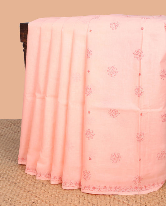 Orange floral embroidery lucknowi chikankari cotton saree,self scallop design border & pallu of floral embroidery