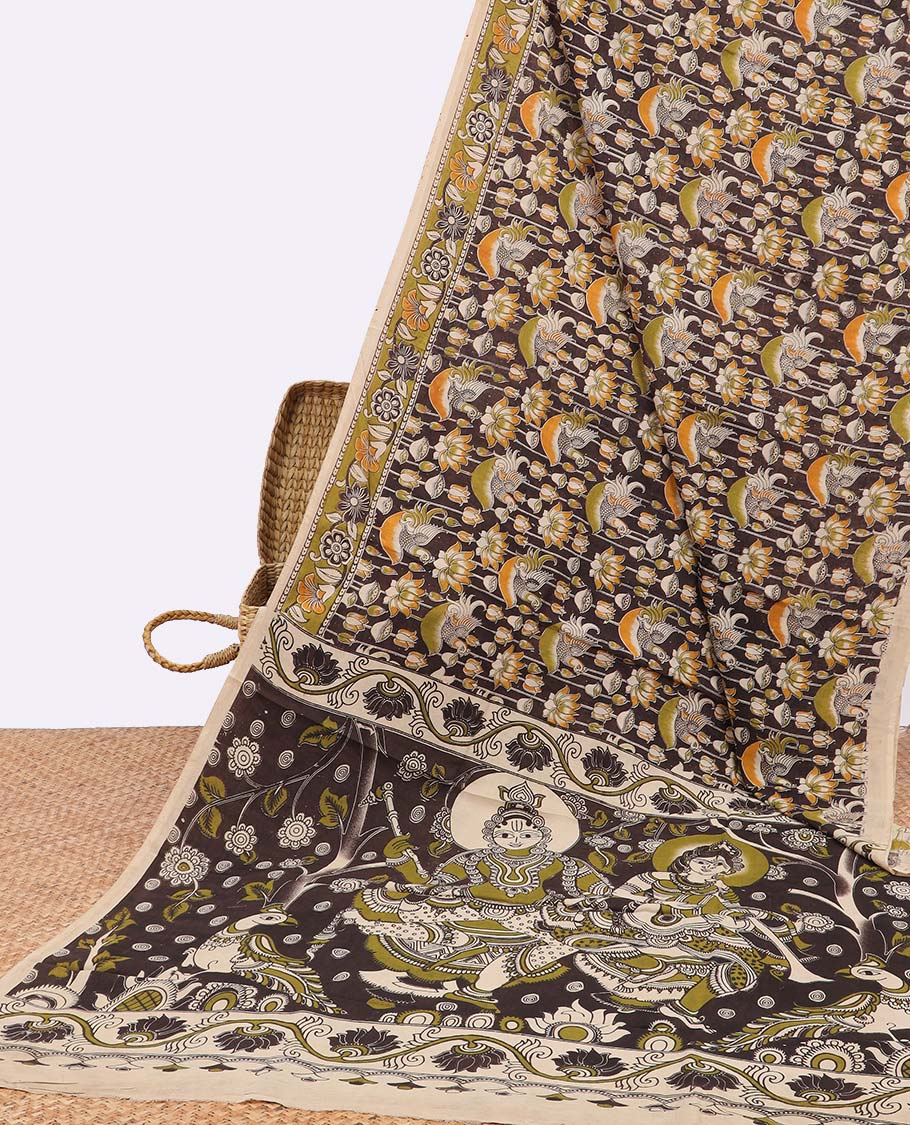 Black floral, animal motifs machine printed kalamkari cotton saree contrast floral border & intricate design pallu