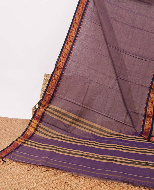 mauve narayanapet cotton saree with contrast animal design border & striped pallu