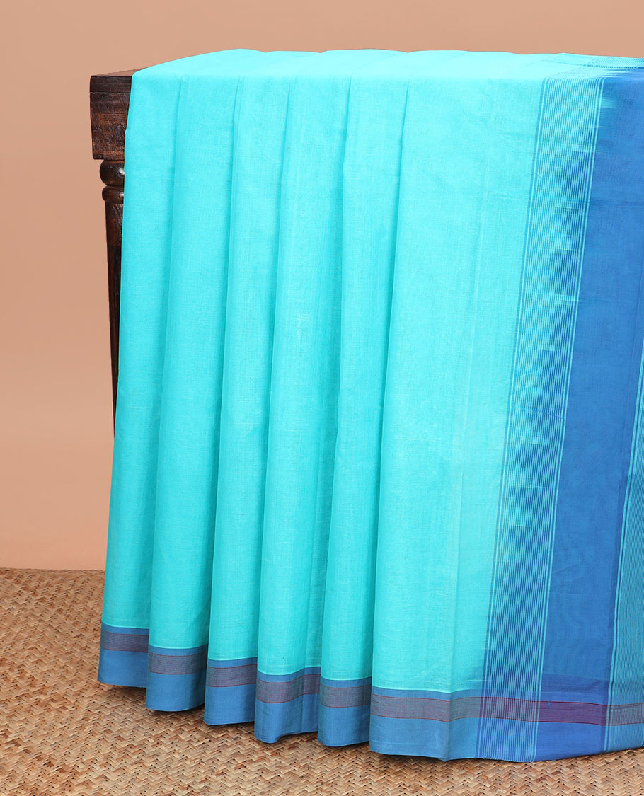 Blue kanchi cotton saree with contrast striped border & striped pallu