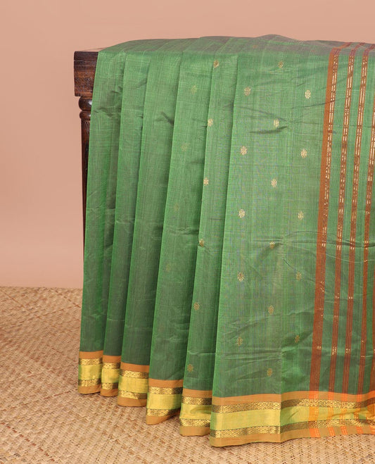 Green motifs andhra cotton saree with contrast zari design border & striped pallu