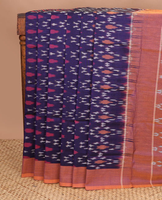 Blue unique-patterned ikkat cotton saree, contrast plain border & pallu of ikkat design