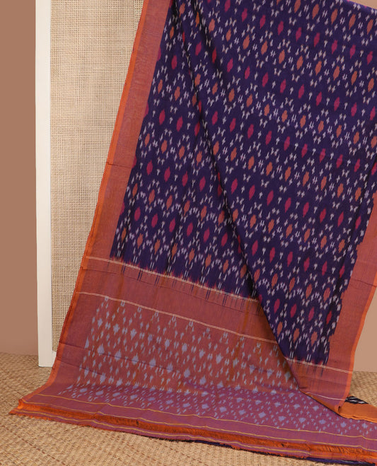 Blue unique-patterned ikkat cotton saree, contrast plain border & pallu of ikkat design