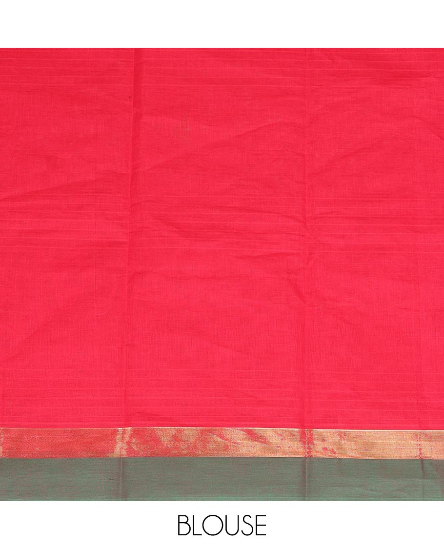 Red motifs kanchi cotton saree with contrast zari border & checked floral design pallu