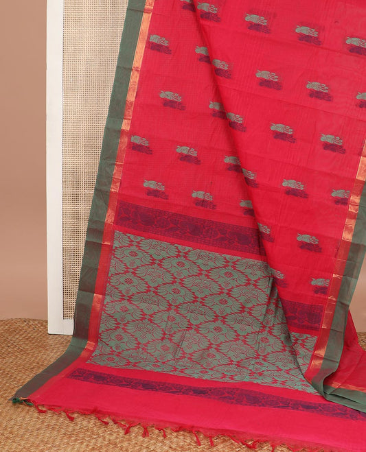 Red motifs kanchi cotton saree with contrast zari border & checked floral design pallu