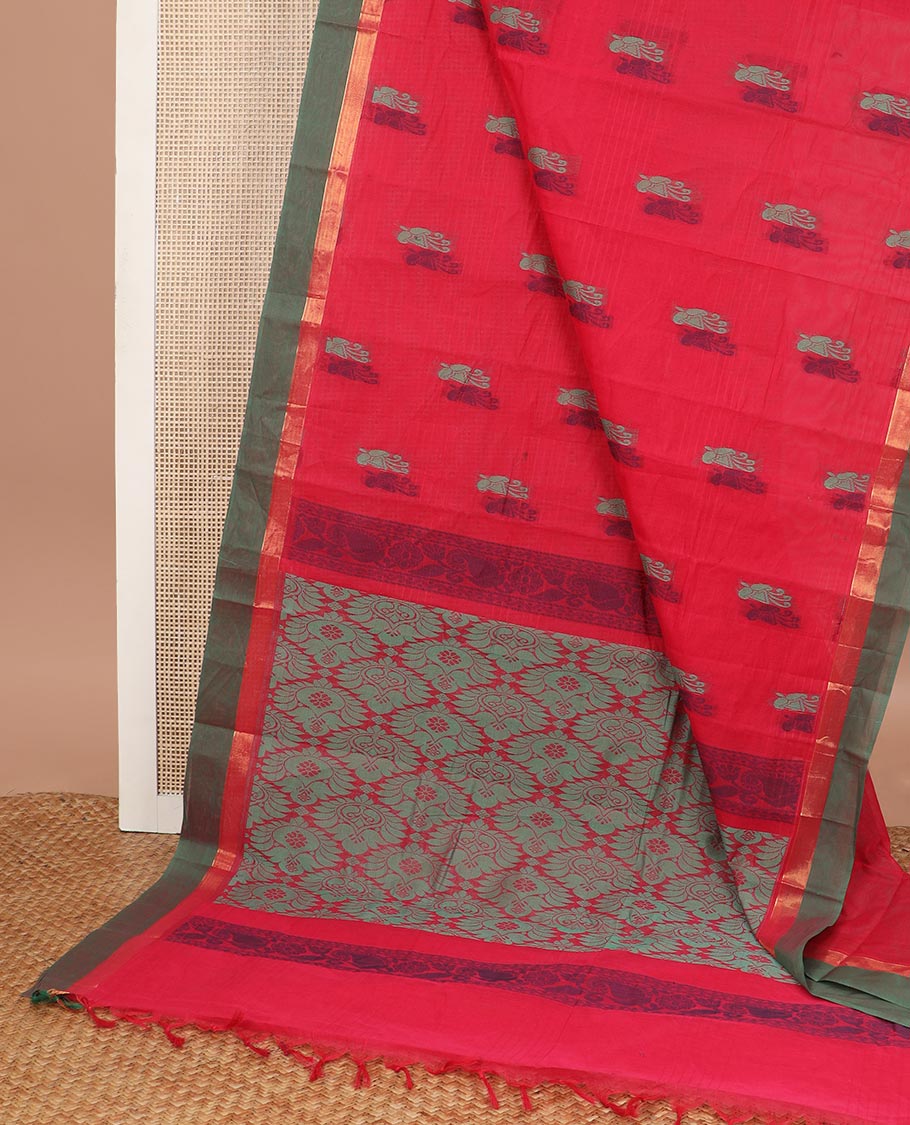 Red motifs kanchi cotton saree with contrast zari border & checked floral design pallu