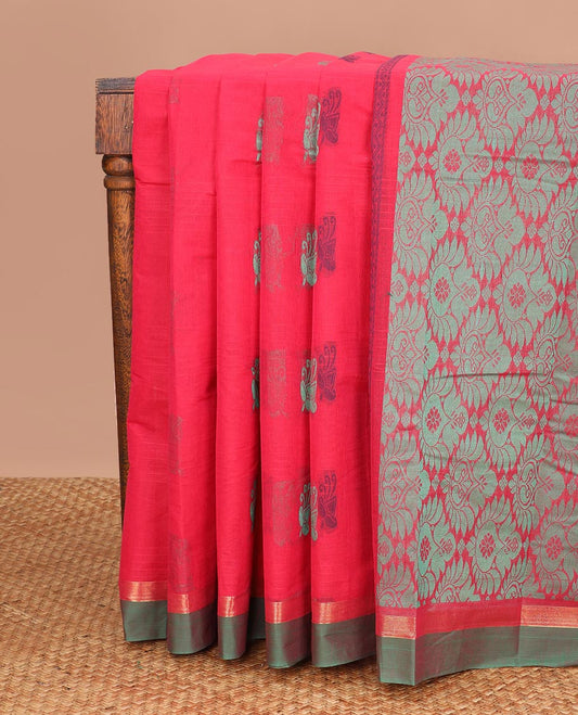 Red motifs kanchi cotton saree with contrast zari border & checked floral design pallu
