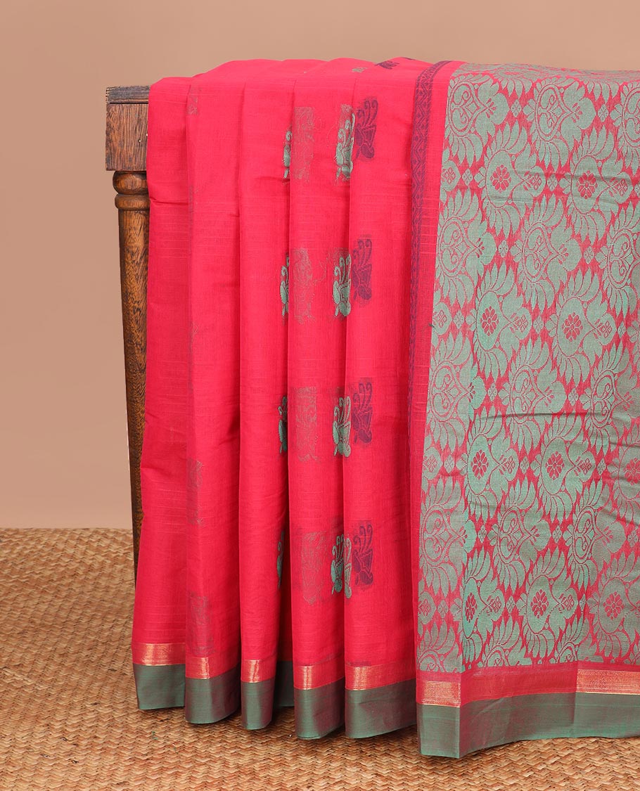 Red motifs kanchi cotton saree with contrast zari border & checked floral design pallu