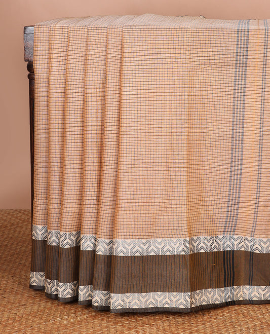Light brown checked bengal cotton saree with contrast geometric design border & checked pallu