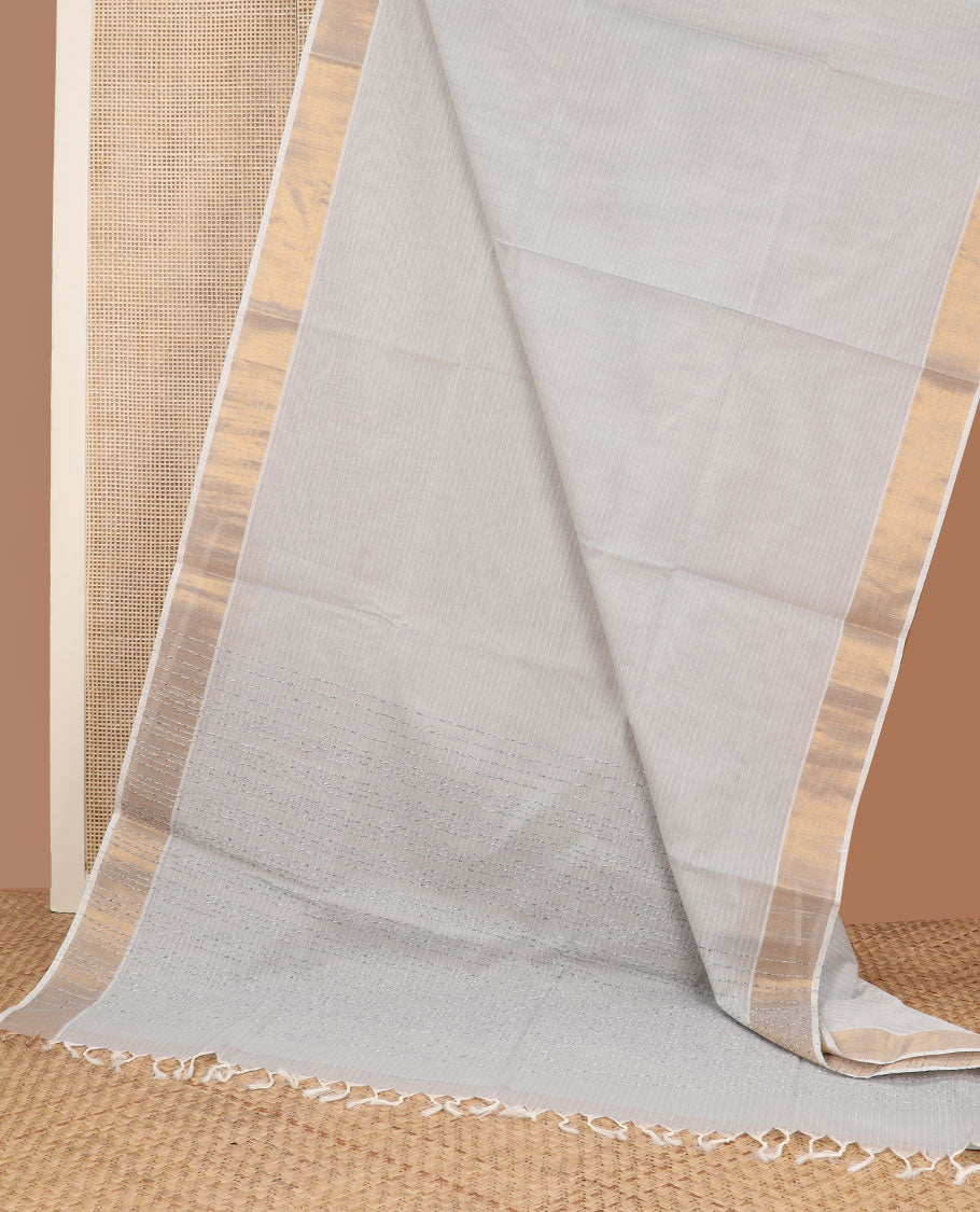 Grey striped jute cotton saree, gleaming zari border & striped pallu