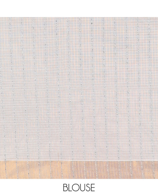 Grey striped jute cotton saree, gleaming zari border & striped pallu