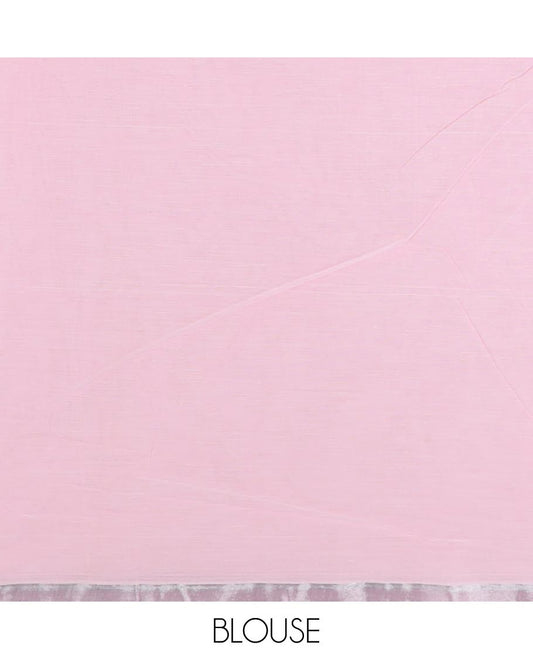 Pastel pink plain design jute cotton saree, zari piping border, and striped pallu