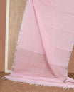 Pastel pink plain design jute cotton saree, zari piping border, and striped pallu