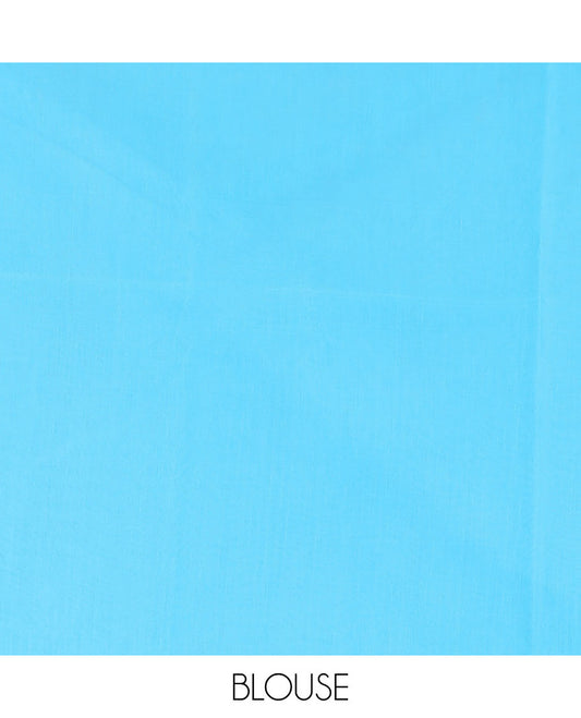 Borderless blue vertical striped & square buttas semi-silk cotton saree, pallu of mat-textured design