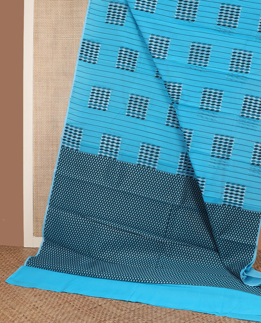 Borderless blue vertical striped & square buttas semi-silk cotton saree, pallu of mat-textured design